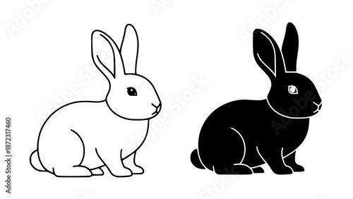 A black and white illustration of two rabbits in silhouette and outline on a plain background with vector and icon