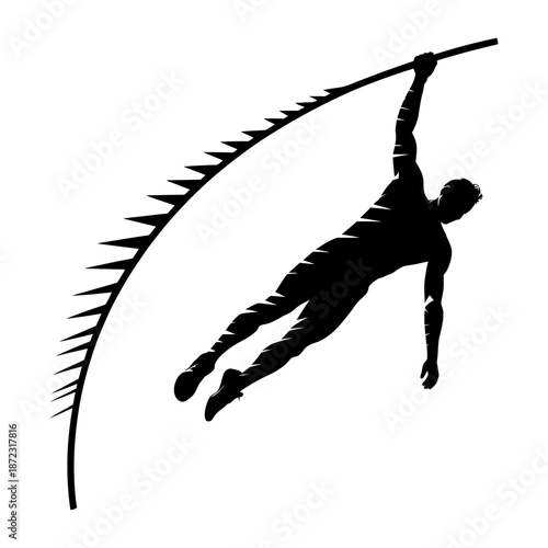 black silhouette of a pole vaulter performing an athletic mid-air jump with dynamic motion in a powerful action pose