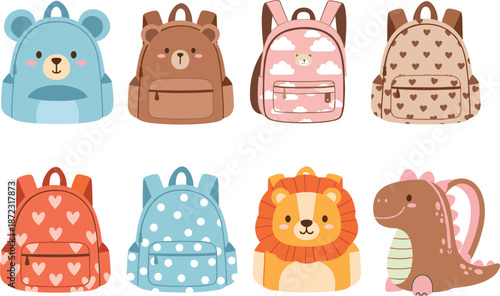 Set of cute cartoon children backpacks with animal faces and patterns flat vector illustration isolated on white background