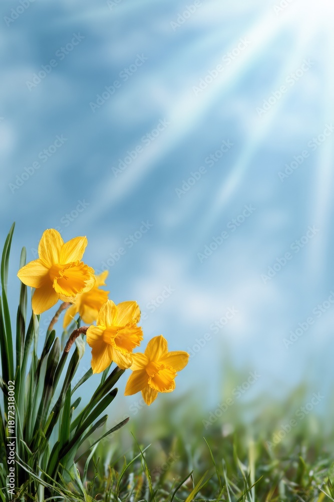 Fototapeta premium Vibrant yellow daffodils blooming under clear sky in sunny spring