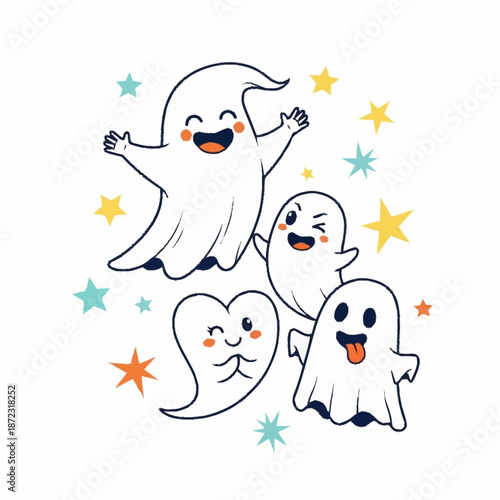 Cute and playful cartoon ghosts with various expressions.