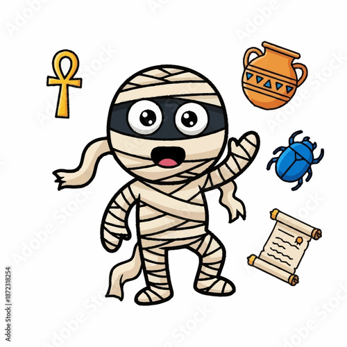 Cute Cartoon Mummy Character with Ancient Egyptian Symbols.