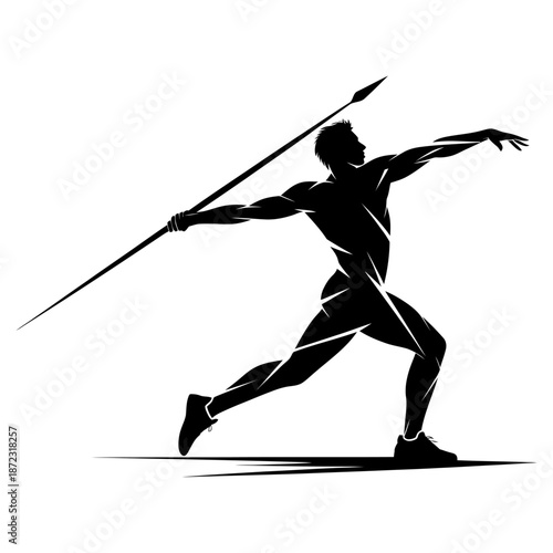 black silhouette of a javelin thrower in action with dynamic motion, performing athletic throw in strong pose