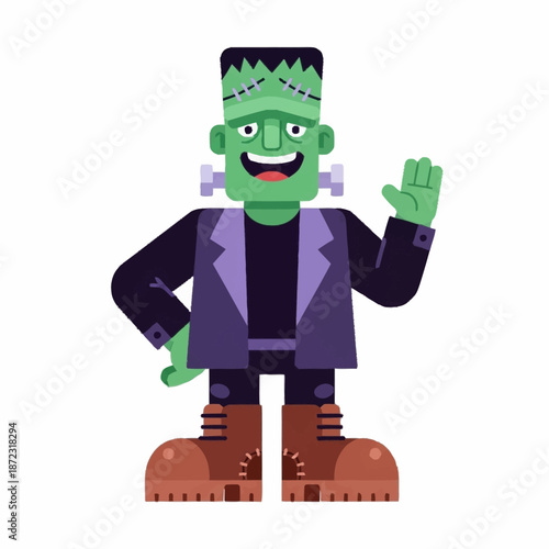 Friendly Frankenstein Monster Character Waving Hello.