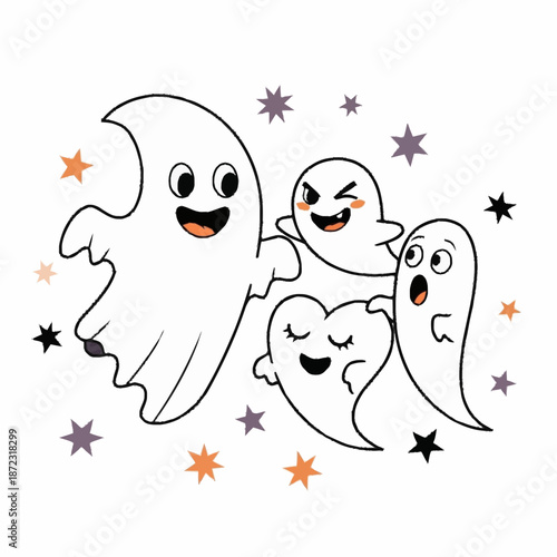 Four adorable cartoon ghosts floating together with happy expressions.