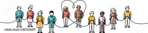 Diverse group of stylized people connected by a single continuous line forming a heart shape symbolizing unity and connection