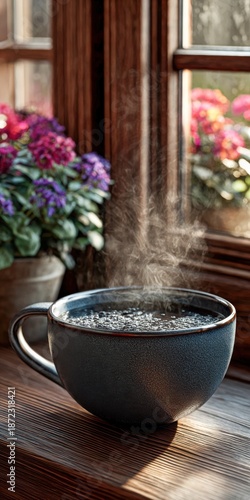 Wallpaper Mural Enjoying hot coffee beside the window with flowers Torontodigital.ca