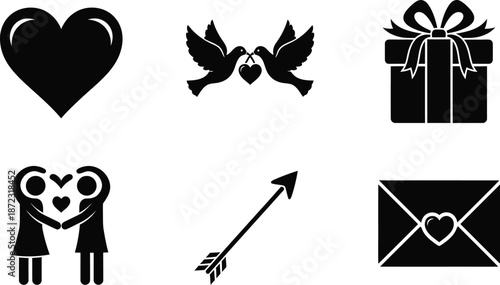 Collection of black silhouette icons representing romance love relationships celebration and Valentine's day symbols