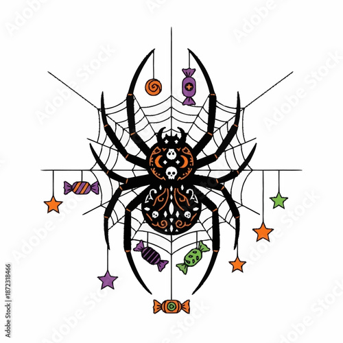 Halloween spider web with hanging candies and stars.