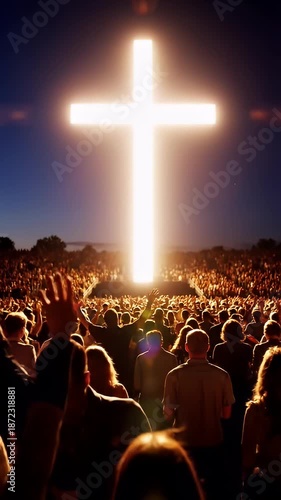 Religious Gathering with Glowing Cross - This video depicts a large crowd of people gathered at dusk under a bright, glowing cross.