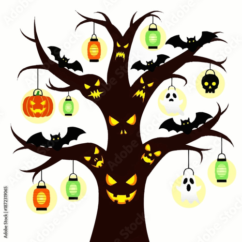 Spooky Halloween Tree with Bats, Ghosts, and Lanterns.