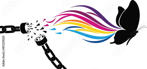 Black silhouette of a butterfly emerging from broken chains with vibrant rainbow colors symbolizing freedom and transformation