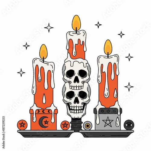 Three burning candles with skulls and occult symbols.