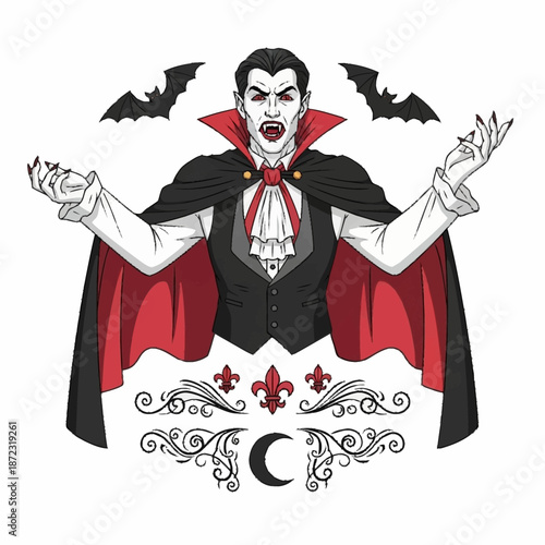 Vampire Count Dracula with open arms and bats.
