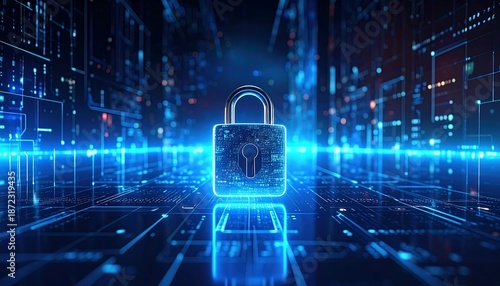 Digital Security Lock Icon on Futuristic Blue Circuit Board Background.