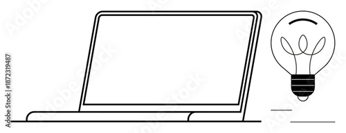 Innovation, technology, ideas, creativity, business solutions, education. Outline of a laptop and a light bulb. Innovation and technology concept through digital tools and creativity