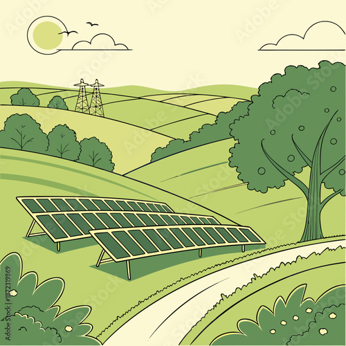Solar panels in a green countryside