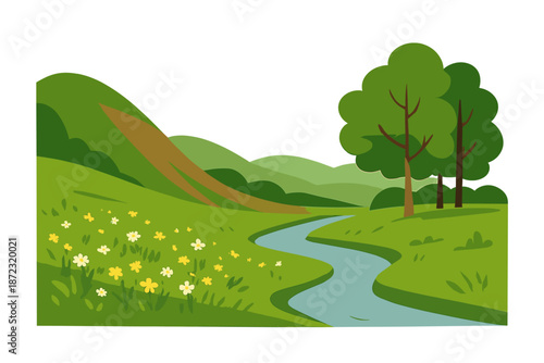 Nature scene with flowers, a stream, and trees in a green landscape during daytime in a tranquil setting