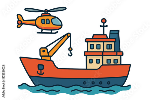 Colorful drawing showing a helicopter above a cargo ship on water in a simple style during the day