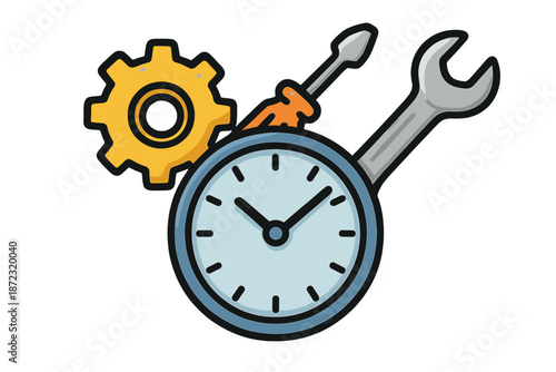 Clock with tools and gear showing time management and repair concepts for productivity and efficiency in various tasks and projects
