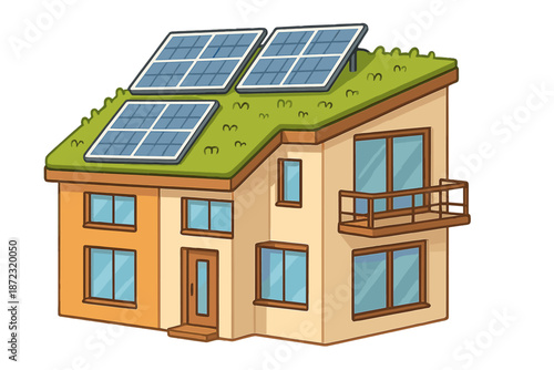 Modern house with solar panels on the roof and green space in a bright and sunny environment