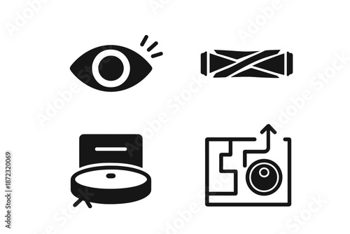 Visual symbols representing various concepts in a simple and clear layout with distinct black and white contrasts