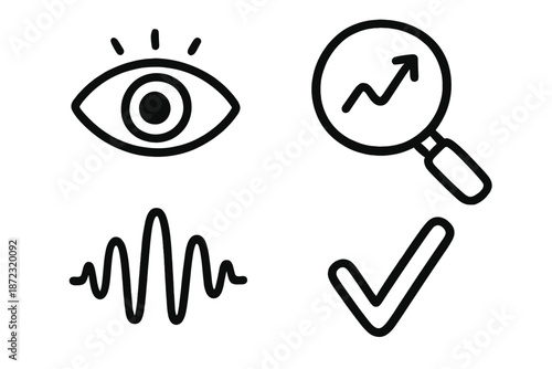 Symbols representing observation, research, analysis, and verification in a simple design format