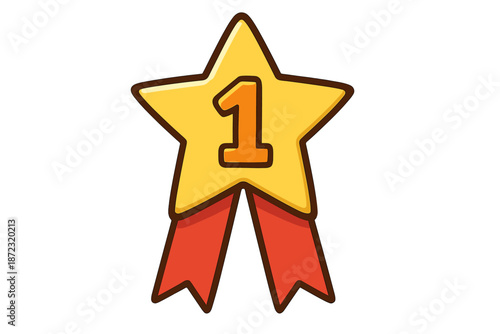 Gold star with number one and red ribbons hanging from the bottom in simple design