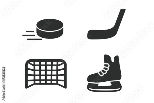 Ice hockey elements including puck, stick, goal, and skate shown in simple black and white design