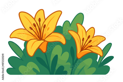 Yellow flowers bloom among green leaves in a garden during daytime hours