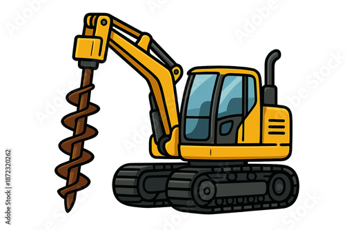 Excavator with an auger attachment working in construction site during daytime