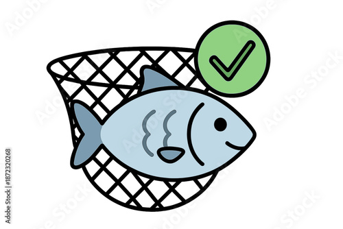 Fish in a net with a check mark indicating approval and freshness in a simple design