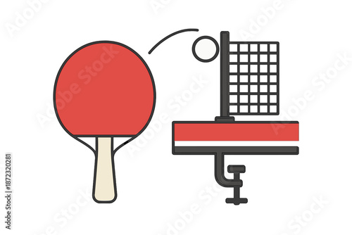 Table tennis scene showing a paddle and a ball near a net setup for play