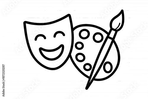 Creative arts symbol featuring a comedy mask, paint palette, and paintbrush in a simple design for artistic expression