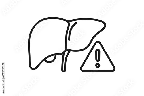 Liver symbol with warning sign about health risks and awareness related to liver functions