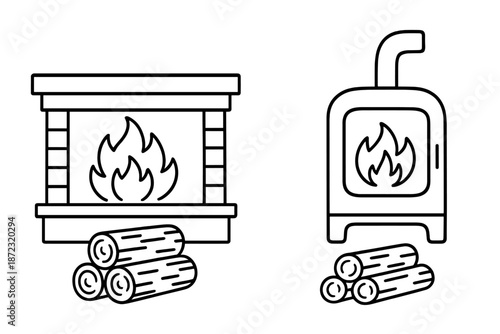 Fire burning in a traditional fireplace and a wood stove with logs ready for use in a cozy indoor setting
