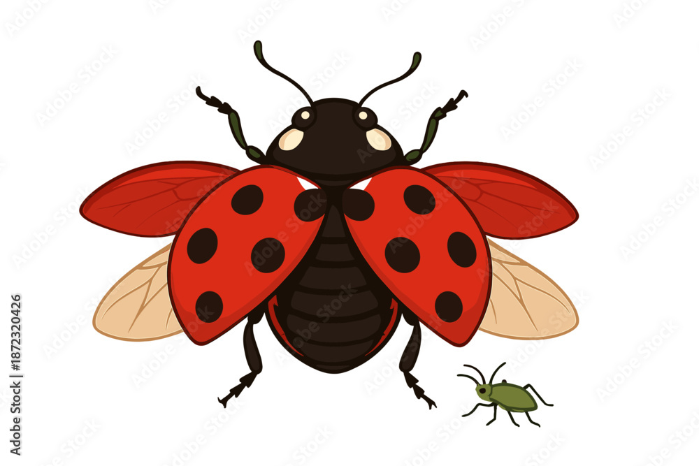 Fototapeta premium Ladybug and small green insect on a white background with a simple design showcasing their features and colors