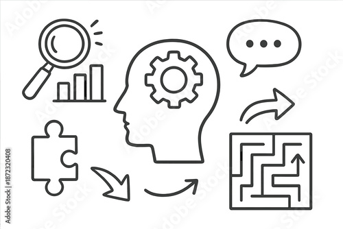 Various symbols representing concepts related to thinking, analysis, and problem-solving methods displayed in a simple design