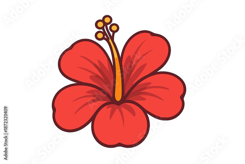Red hibiscus flower with simple design and bold colors on a white background