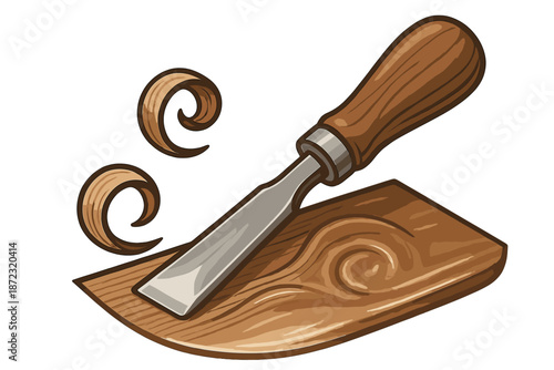 Craftsman tools for wood carving with a chisel and wood shavings on a piece of wood in a workshop setting during daytime