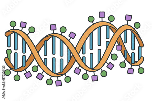 Colorful illustration of DNA structure with various elements showing scientific concepts related to genetics and biotechnology