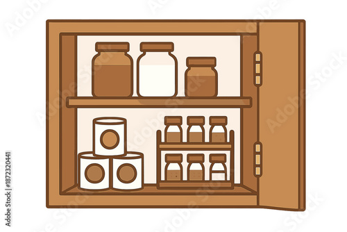 Kitchen cupboard filled with jars and cans organized on shelves for easy access during cooking
