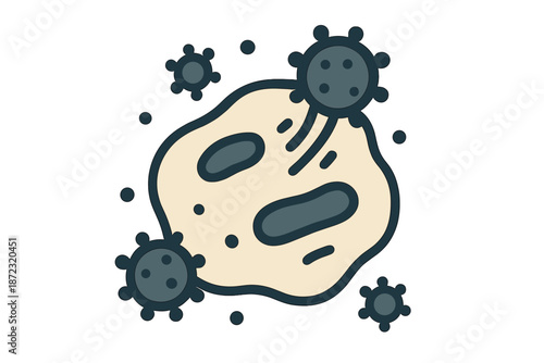 Science illustration shows a cell being attacked by virus particles in a simple and colorful design that highlights biological interaction