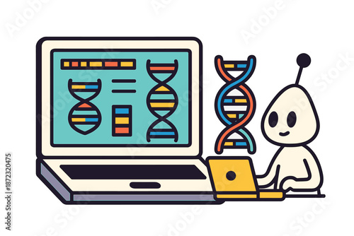 Robot analyzes DNA data on a computer while DNA strands are displayed on the screen in a lab setting