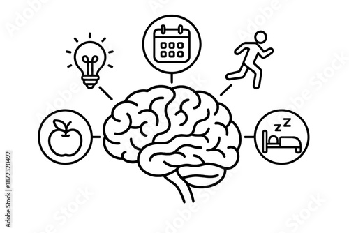 Brain activity with concepts of health, exercise, sleep, and scheduling in a simple line art style