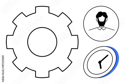Productivity, time optimization, workforce management, teamwork, efficiency, job tasks. Gear, clock and profile icon in minimalist style. Productivity and time optimization concept