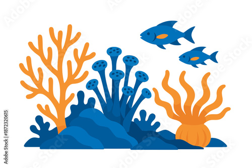 Colorful coral reef scene with fish swimming among coral and sea plants in ocean water