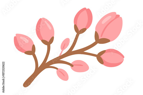 Pink flower buds on a brown branch with green leaves during spring season