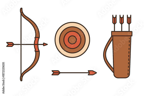 Bow and arrow equipment displayed with a target in center and quiver to the side for archery practice and sports activities