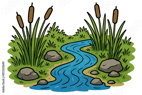 Stream winding through green grass and rocks with tall plants on the banks in a simple environment